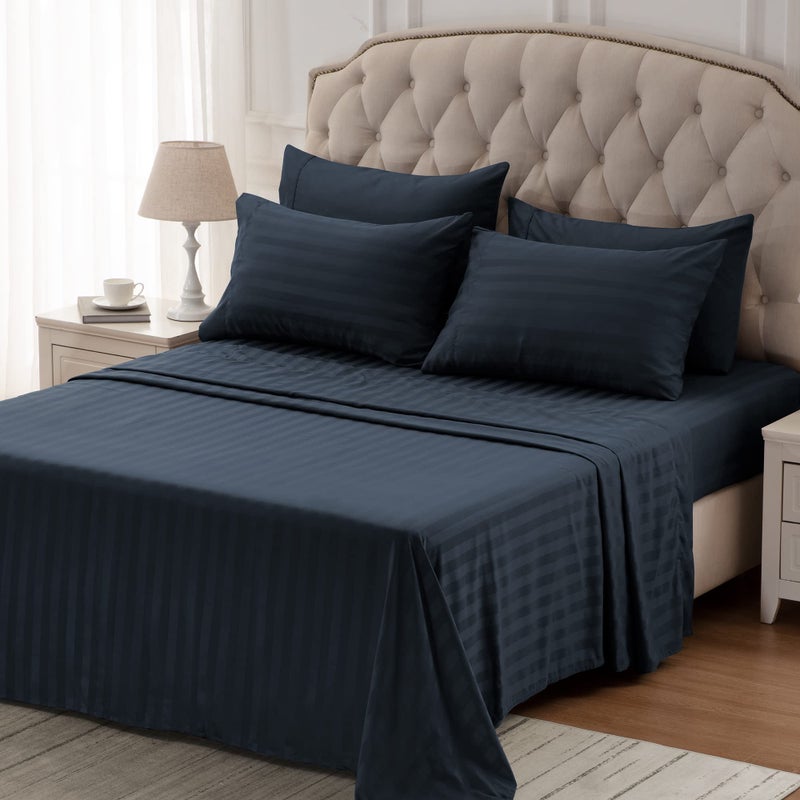SLEEP ZONE Striped Cooling Sheets Set King Size - Fitted Flat Sheet & Pillowcase Sets 4 Piece - Super Soft Stripe Bed Sheet, Easy Care, Deep Pocket (Navy Blue, King) - Image 5